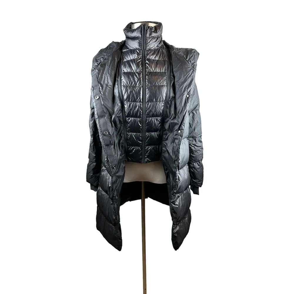 Athleta Lofty Down Coat Goose Down Black Puffer Hooded Puffy Long Coat Medium - Picture 15 of 16